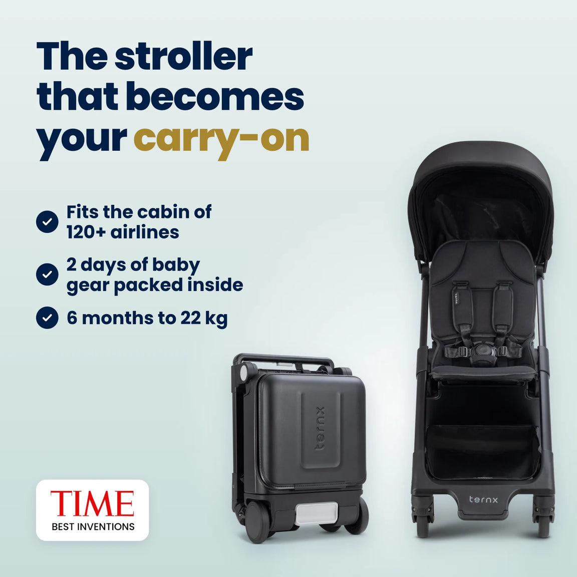 The TernX Carry-On Luggage Stroller beside its folded carry-on case, fits the cabin of 120+ airlines