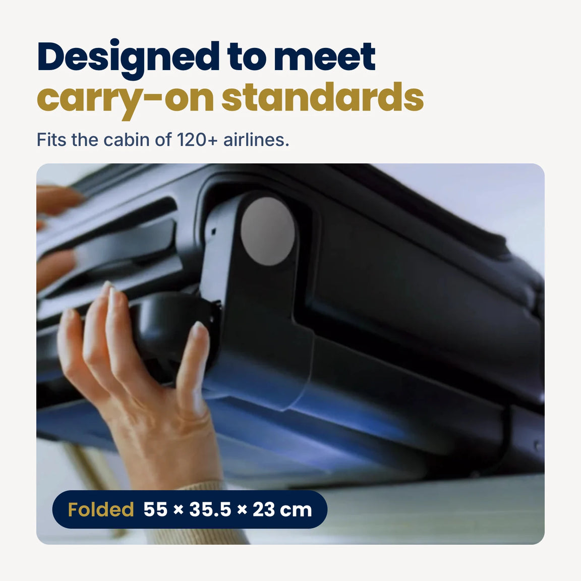 The folded TernX lifted into an aircraft overhead locker, 55 x 35.5 x 23 cm