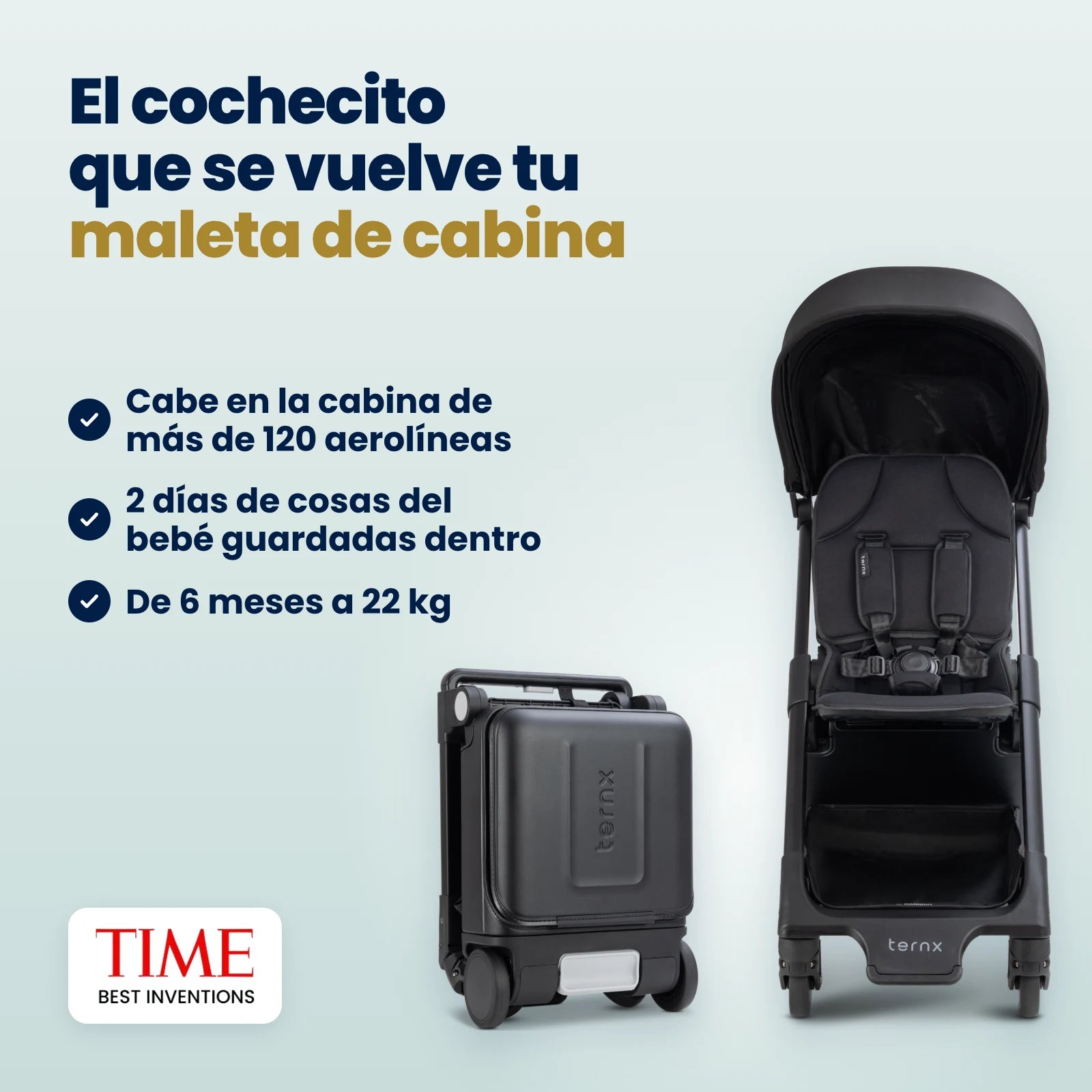 The TernX Carry-On Luggage Stroller beside its folded carry-on case, fits the cabin of 120+ airlines