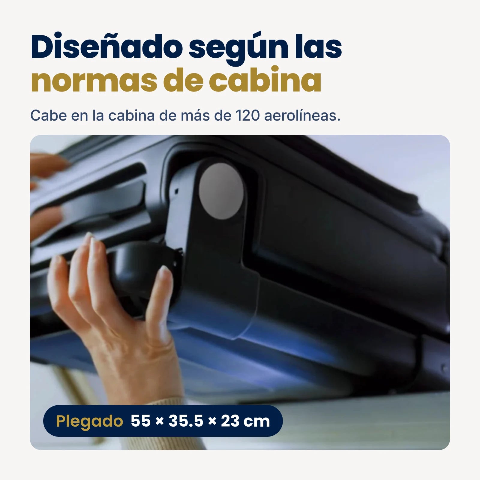 The folded TernX lifted into an aircraft overhead locker, 55 x 35.5 x 23 cm