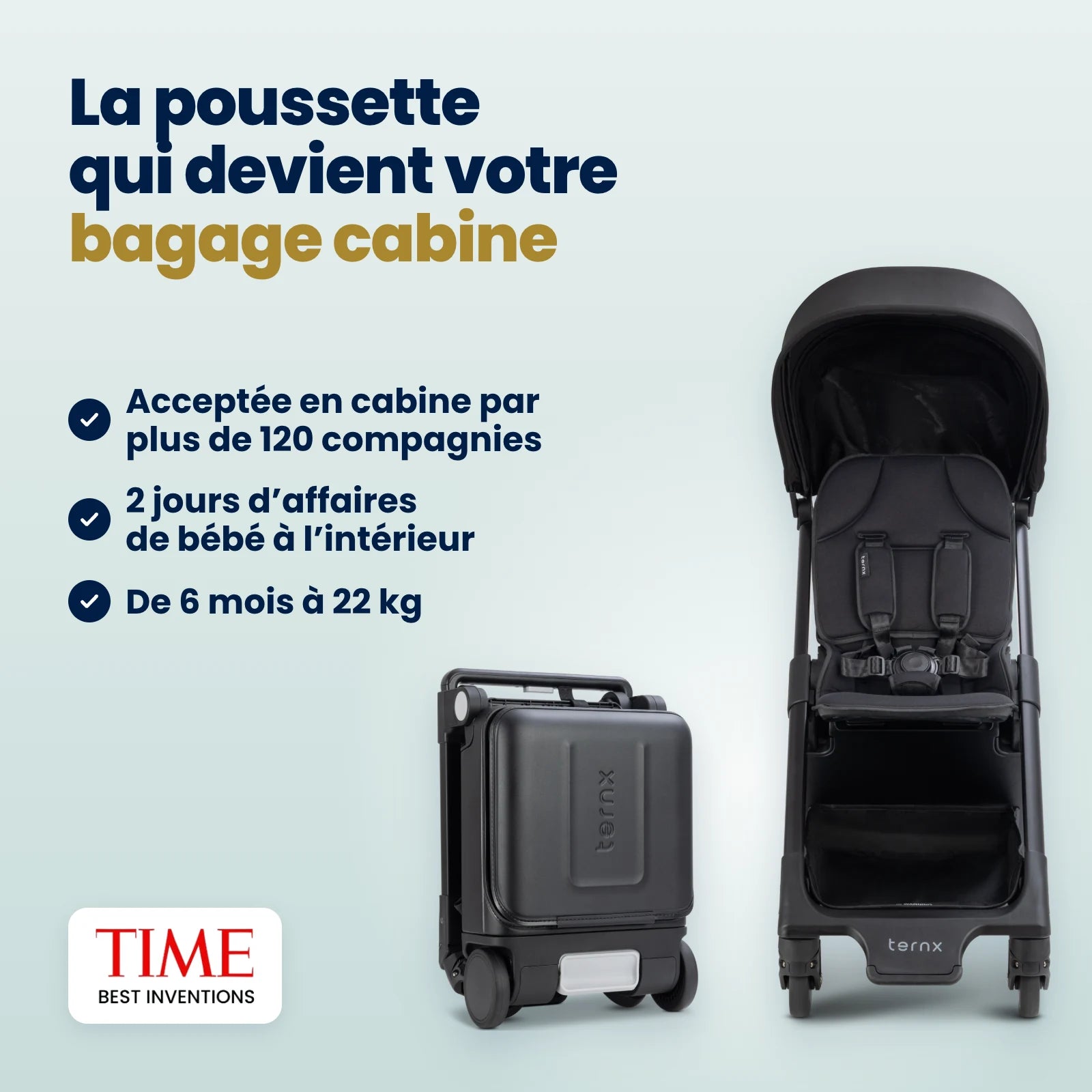 The TernX Carry-On Luggage Stroller beside its folded carry-on case, fits the cabin of 120+ airlines