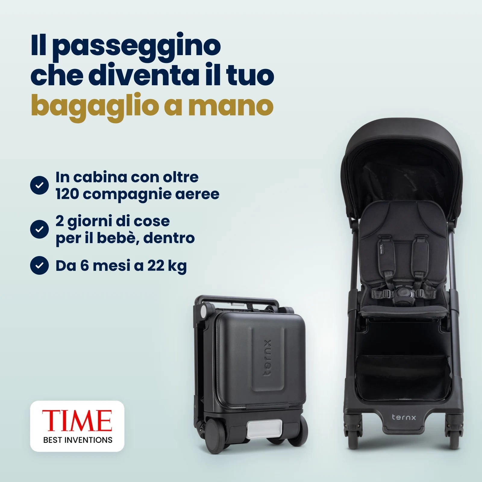 The TernX Carry-On Luggage Stroller beside its folded carry-on case, fits the cabin of 120+ airlines
